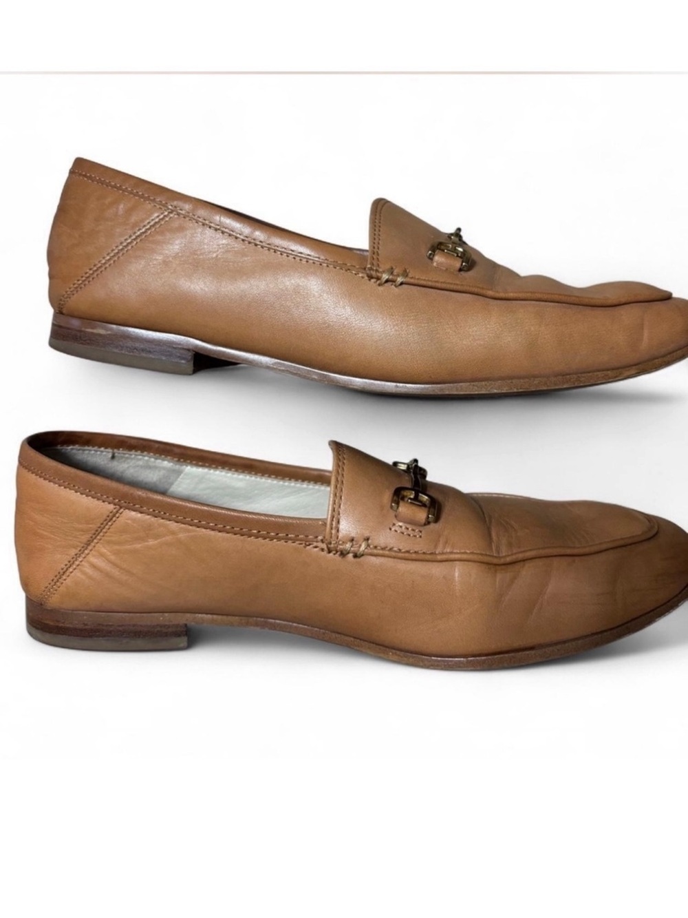 Woman’s Camel Leather Loafers with gold horse bit buckle